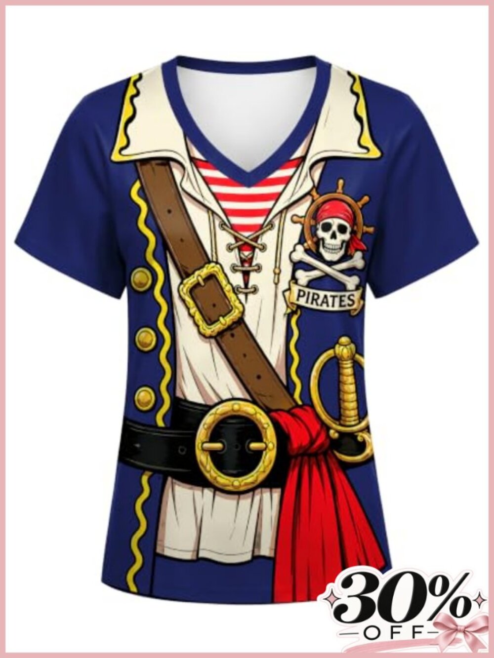 Women's 3D Pirate Graphic Short Sleeve T-Shirt Halloween Costume Tee